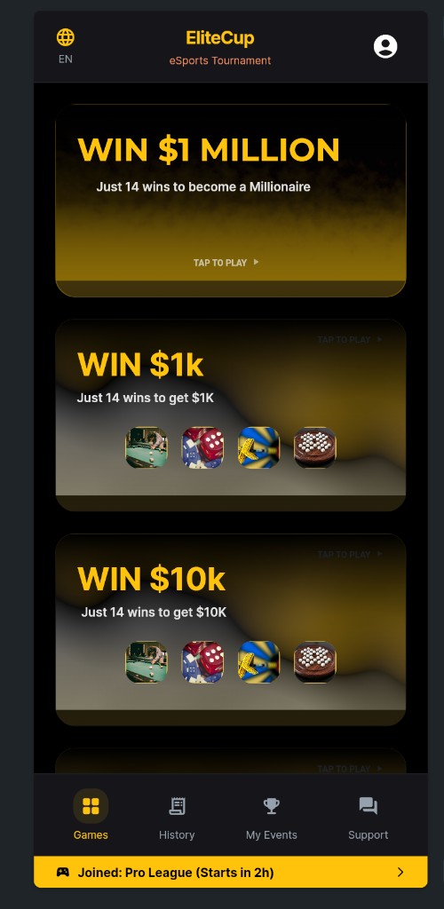 Browse live games and brackets